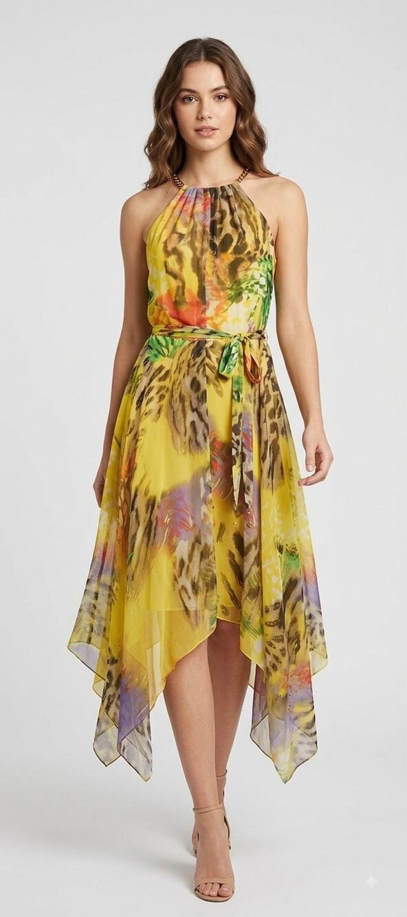 Vintage Y2K Cache Yellow Floral Fairy Flowy Midi Dress US 4